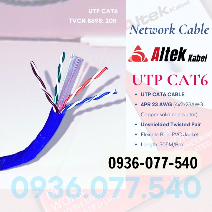 C&aacute;p mạng LAN Cat6 UTP Altek Kabel - D&acirc;y c&aacute;p mạng Altek Kabel UTP Cat6