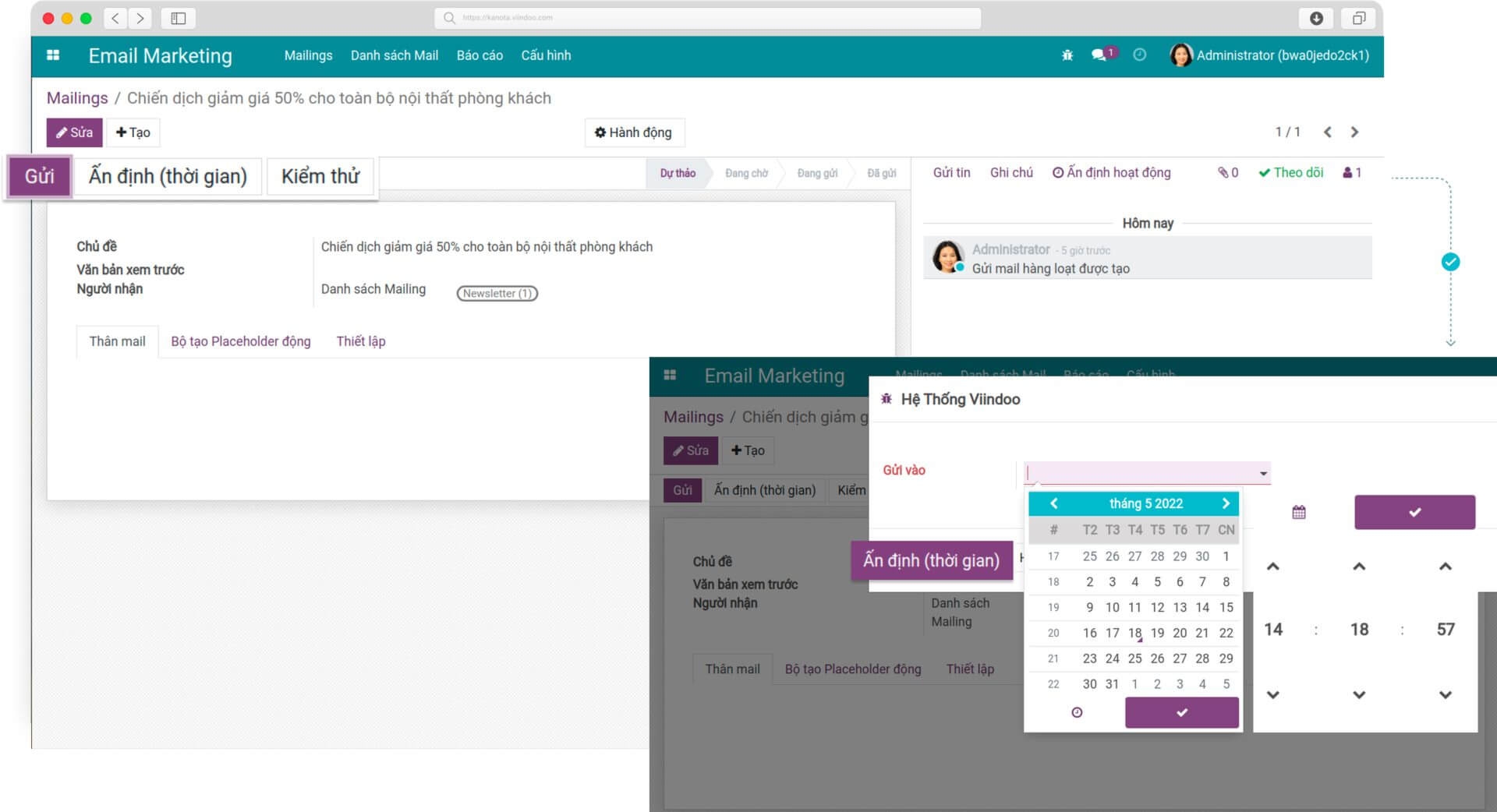 Tính năng Ấn định thời gian gửi email trong Viindoo Email Marketing