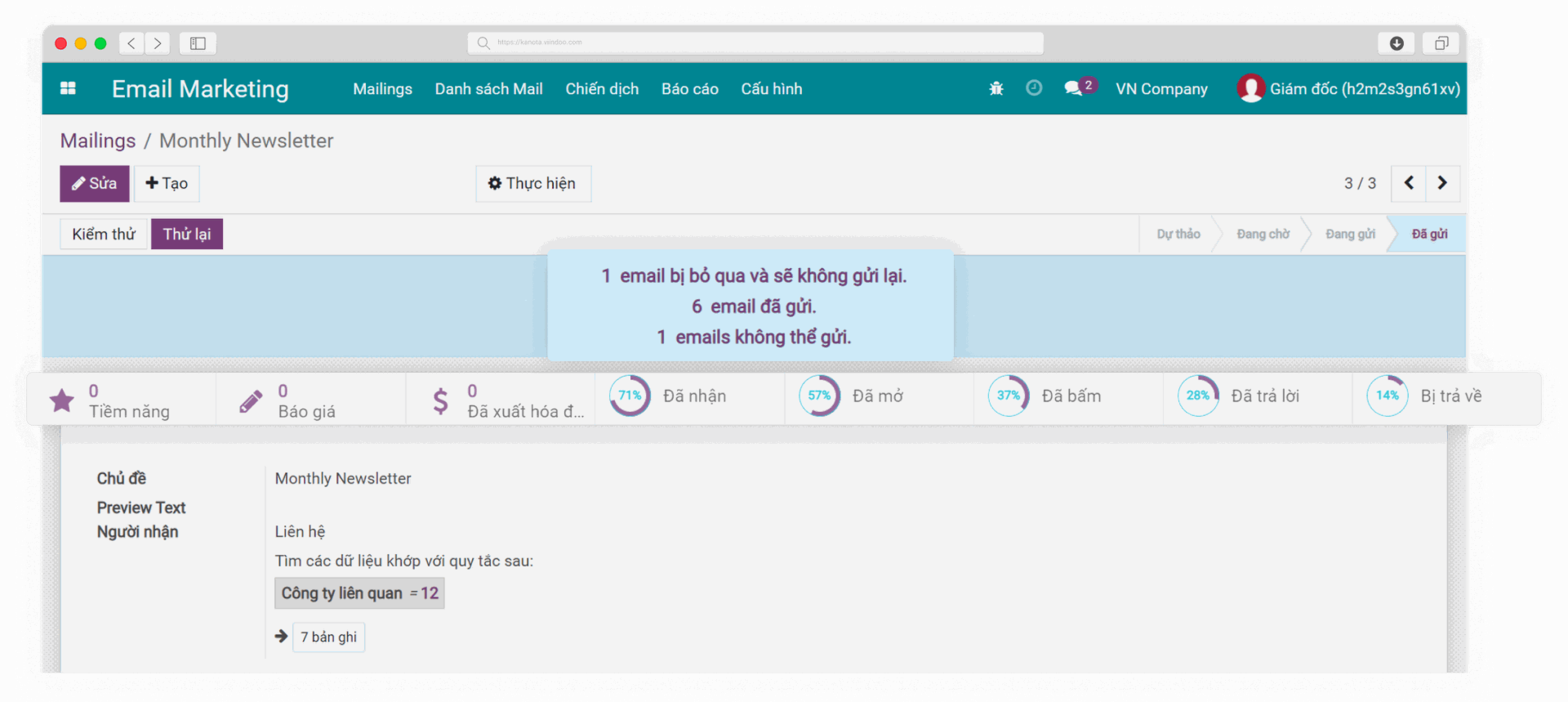 Các chỉ số của chiến dịch Email Marketing trong Viindoo Email Marketing