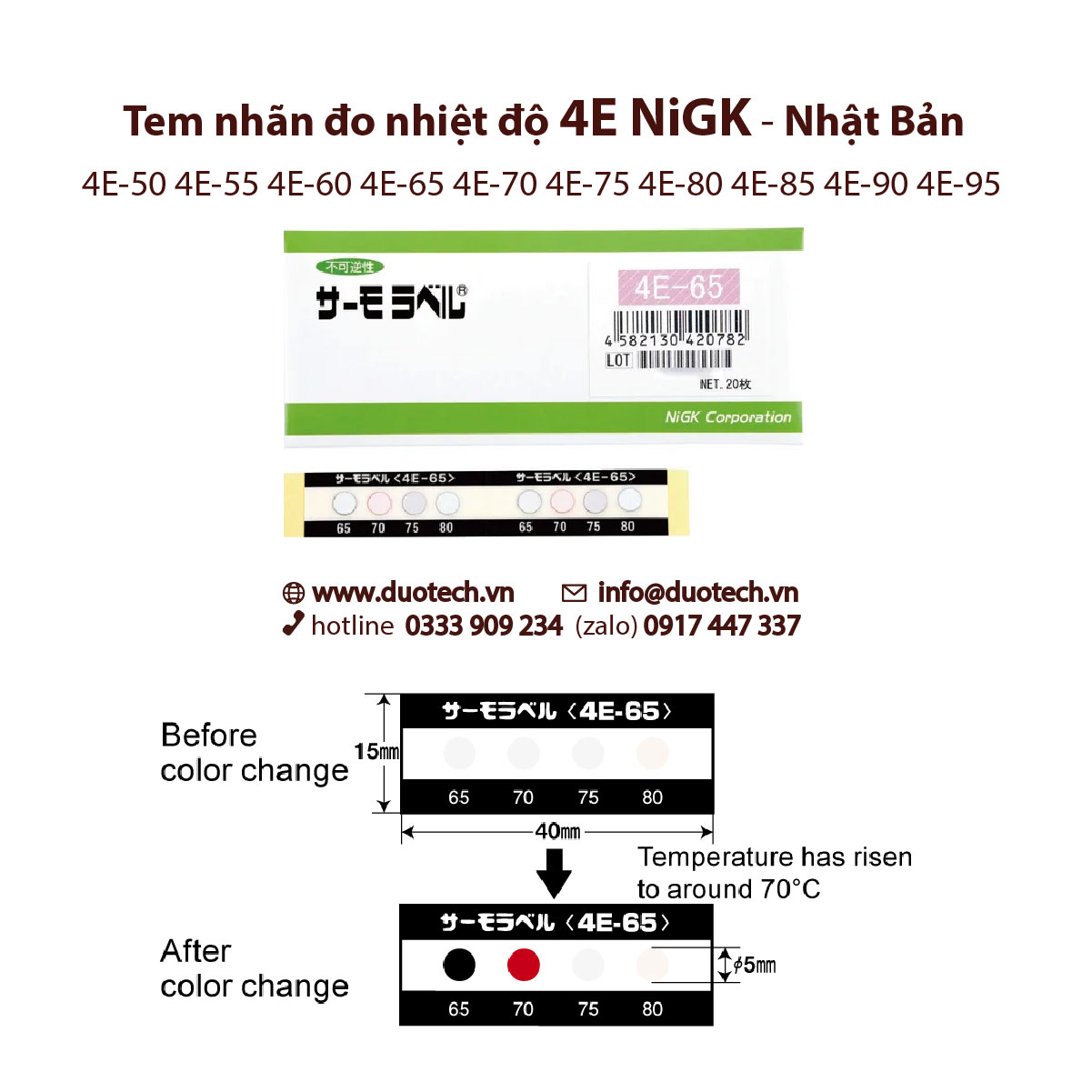Tem nhãn đo cảnh báo nhiệt độ cao Nigk hay còn gọi Giấy miếng dán hiển thị, Thẻ báo giám sát nhiệt độ NiGK 4E 4E-50 4E-55 4E-60 4E-65 4E-70 4E-75 4E-80 4E-85 4E-90 4E-95