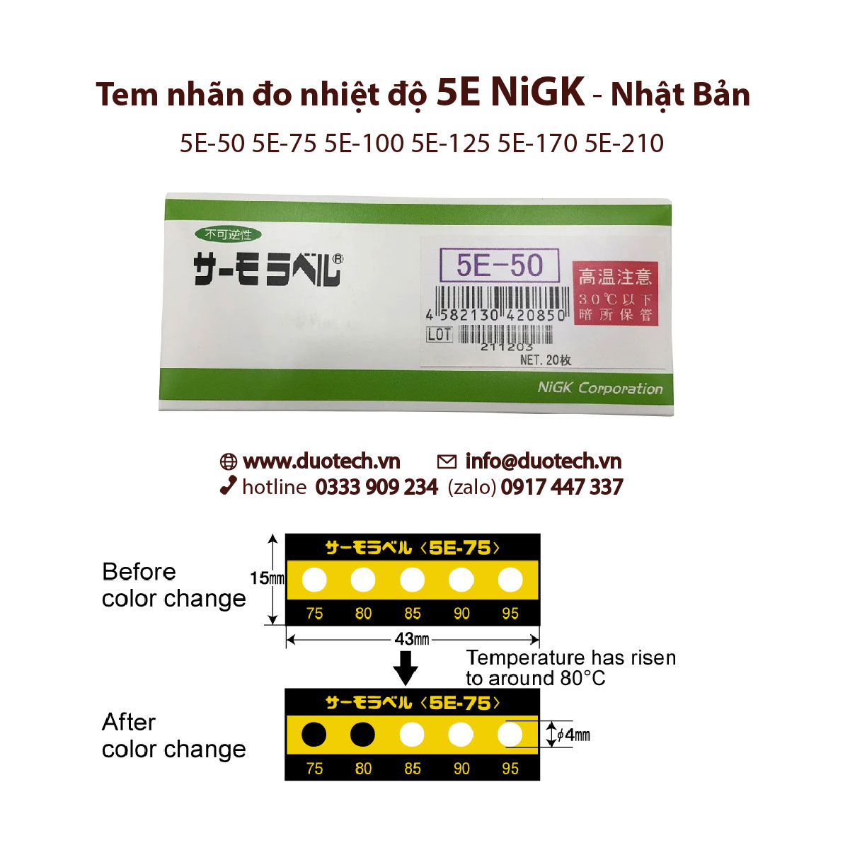 Tem nhãn đo cảnh báo nhiệt độ cao Nigk hay còn gọi Giấy miếng dán hiển thị, Thẻ báo giám sát nhiệt độ NiGK 5E 5E-50 5E-75 5E-100 5E-125 5E-170 5E-210