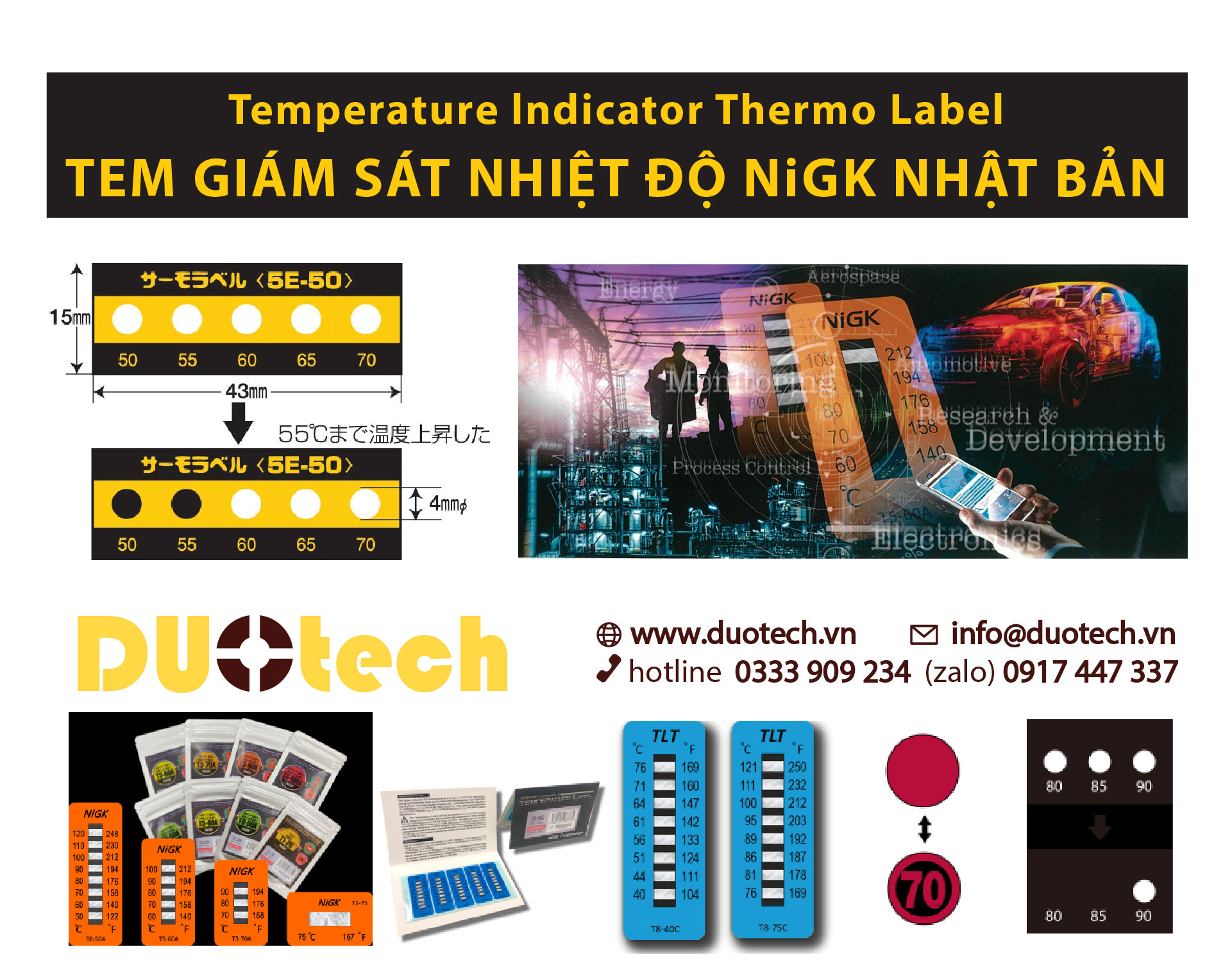 Tem nh&atilde;n đo nhiệt độ NiGK thẻ b&aacute;o miếng giấy d&aacute;n cảnh b&aacute;o gi&aacute;m s&aacute;t nhiệt độ cao xuất xứ Nhật Bản