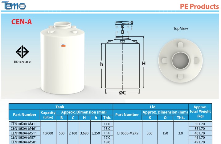 Bồn nhựa PE, HDPE Tema Pakco Loại 2000 lít đến 10.000 lít – CEN2K0B / CEN4K0A / CEN6K0A / CEN10K0A