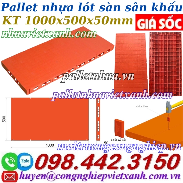 Pallet nhựa làm sàn sân khấu di động 500x1000x50mm mặt kín màu cam