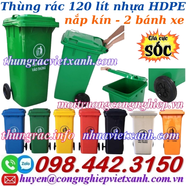 Th&ugrave;ng r&aacute;c 120 l&iacute;t nắp k&iacute;n - nhựa HDPE - 2 b&aacute;nh xe