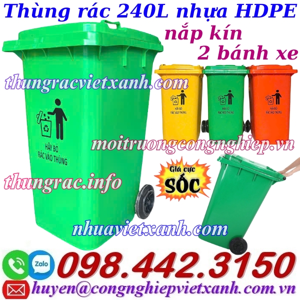 Th&ugrave;ng r&aacute;c 240 l&iacute;t nắp k&iacute;n nhựa HDPE 2 b&aacute;nh xe